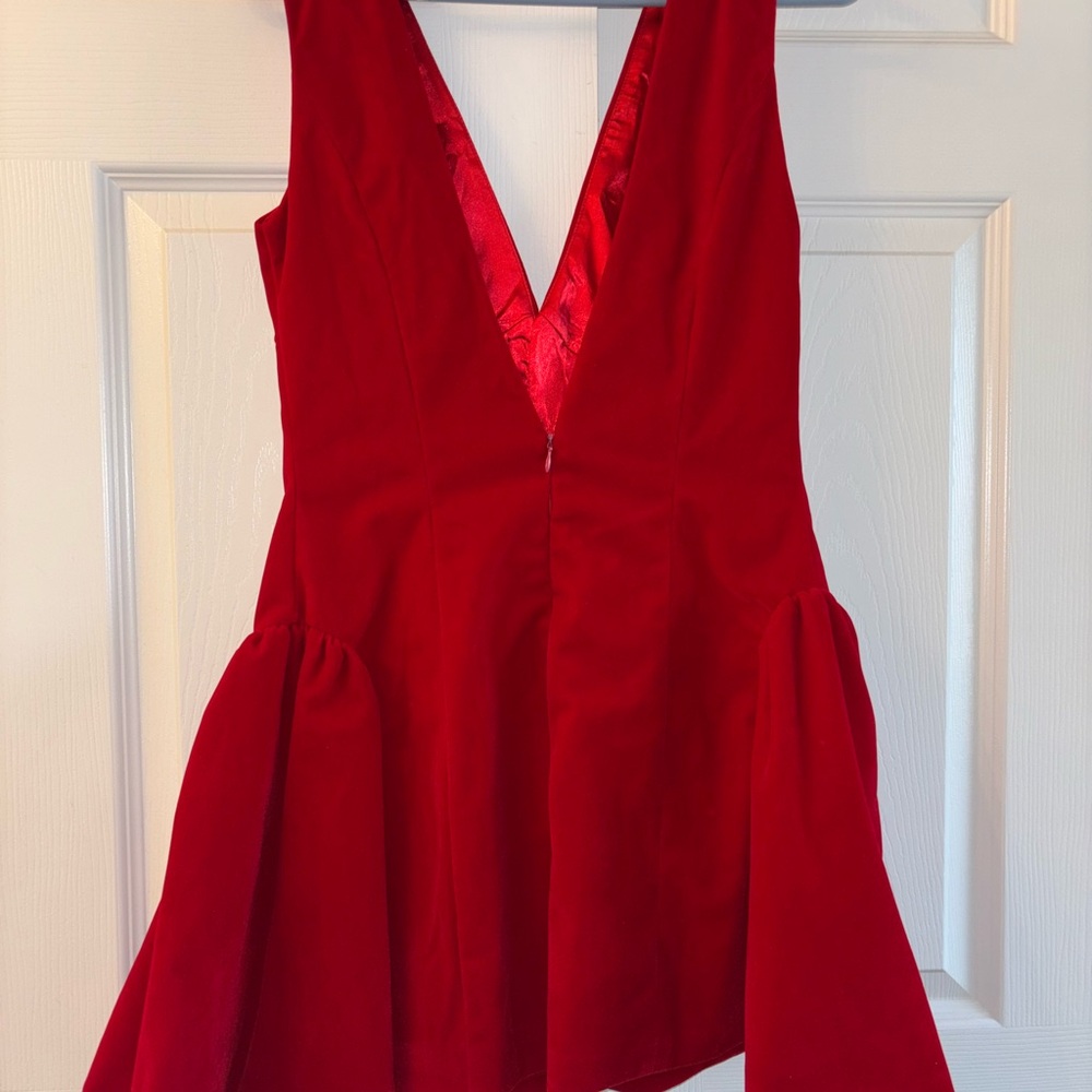 Fenity Red Velvet Pleated Mini Dress Deep V Neckline Sleeveless - Picture 2 of 4